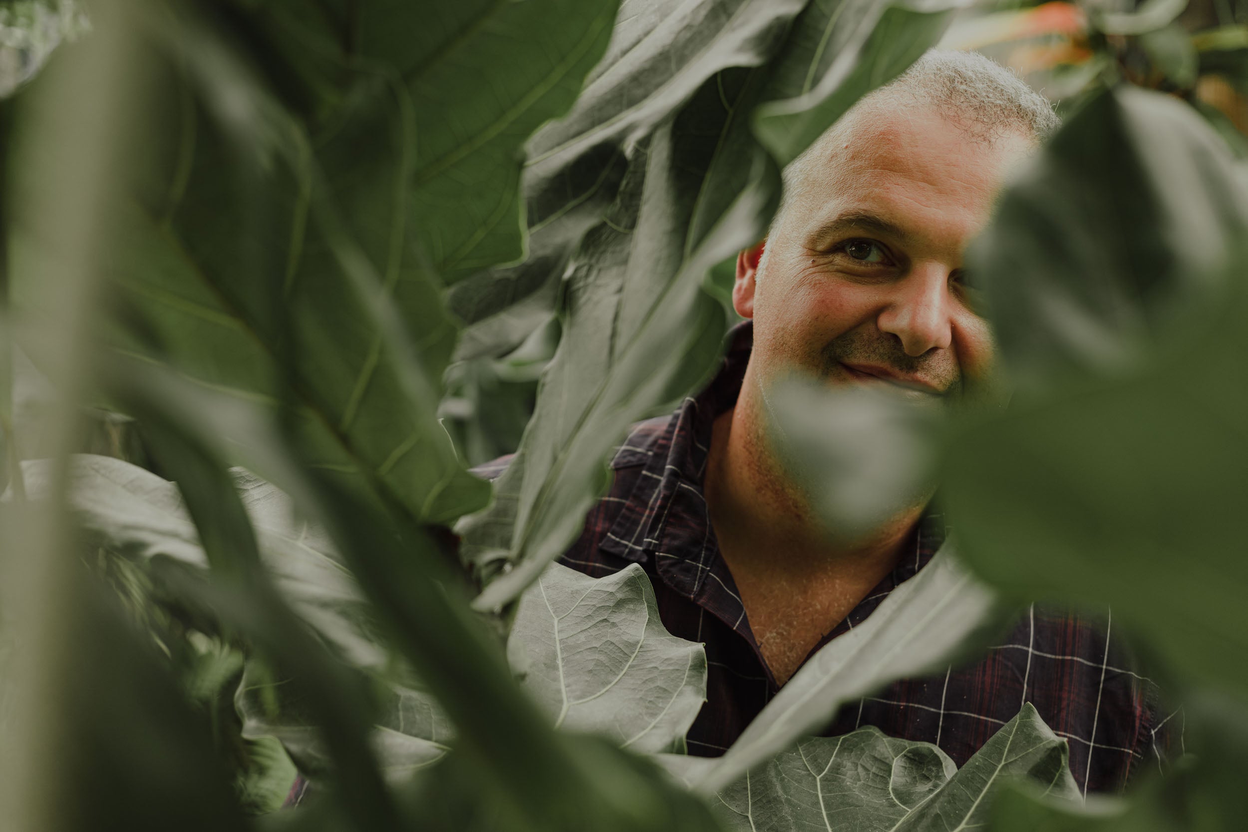 Andrea Molinaro con foglia tropicale, la storia AbitoVerde dove natura incontra arte nei giardini