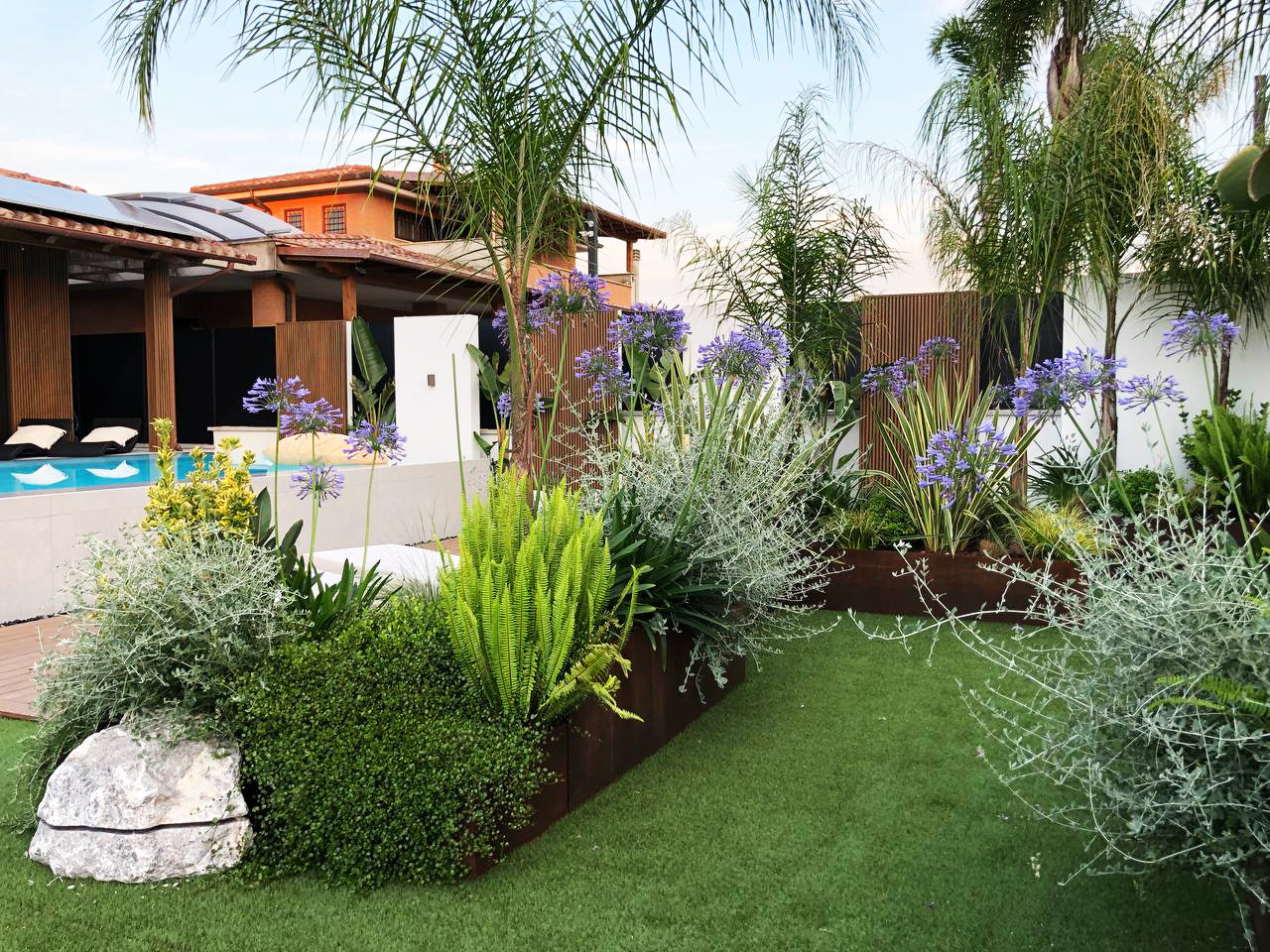 Giardino tropicale con palme slanciate, prato verde e piscina fuori terra, progetto AbitoVerde Roma