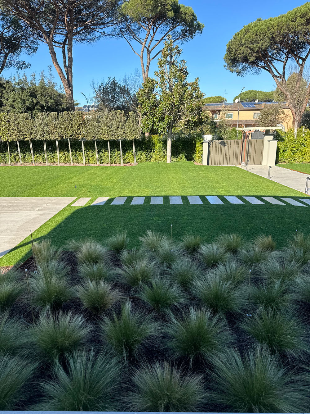 Vista giardino con prato e aiuole di graminacee in primo piano, landscape design AbitoVerde