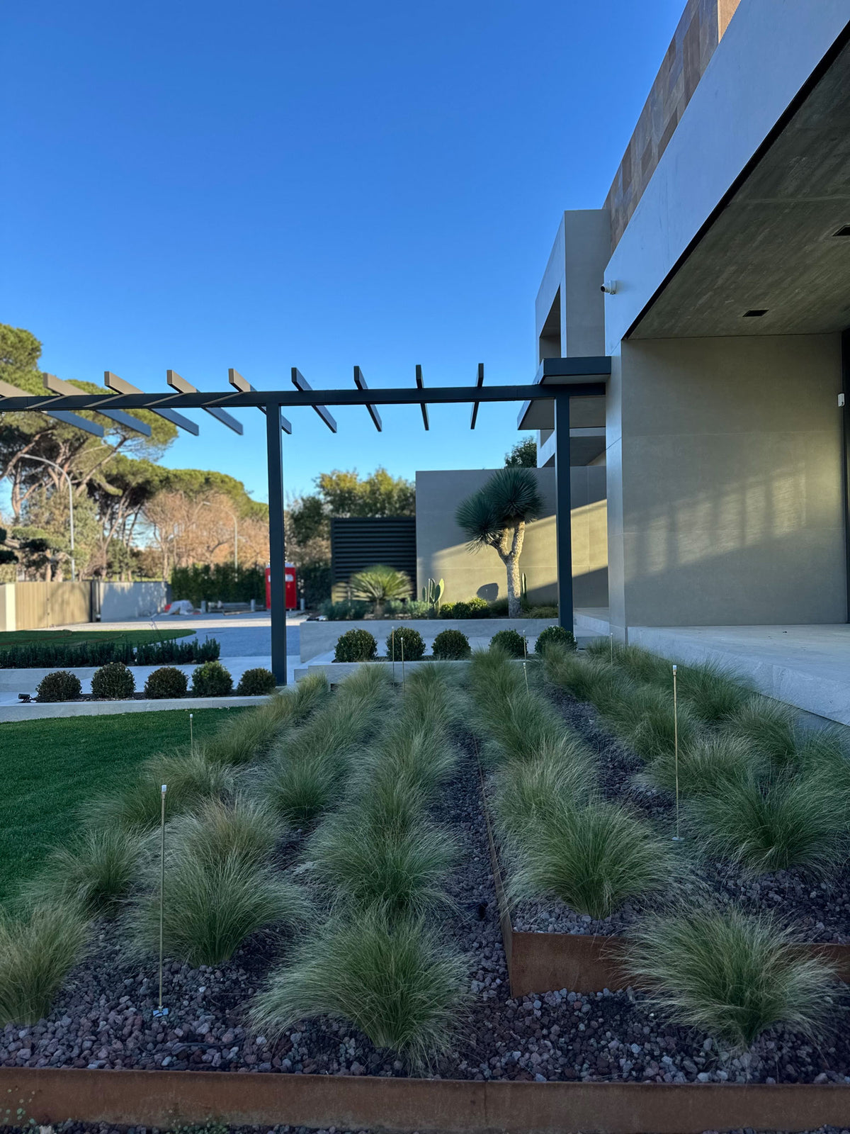 Pergola moderna davanti villa contemporanea con aiuola di graminacee ornamentali, Giardino A&A AbitoVerde