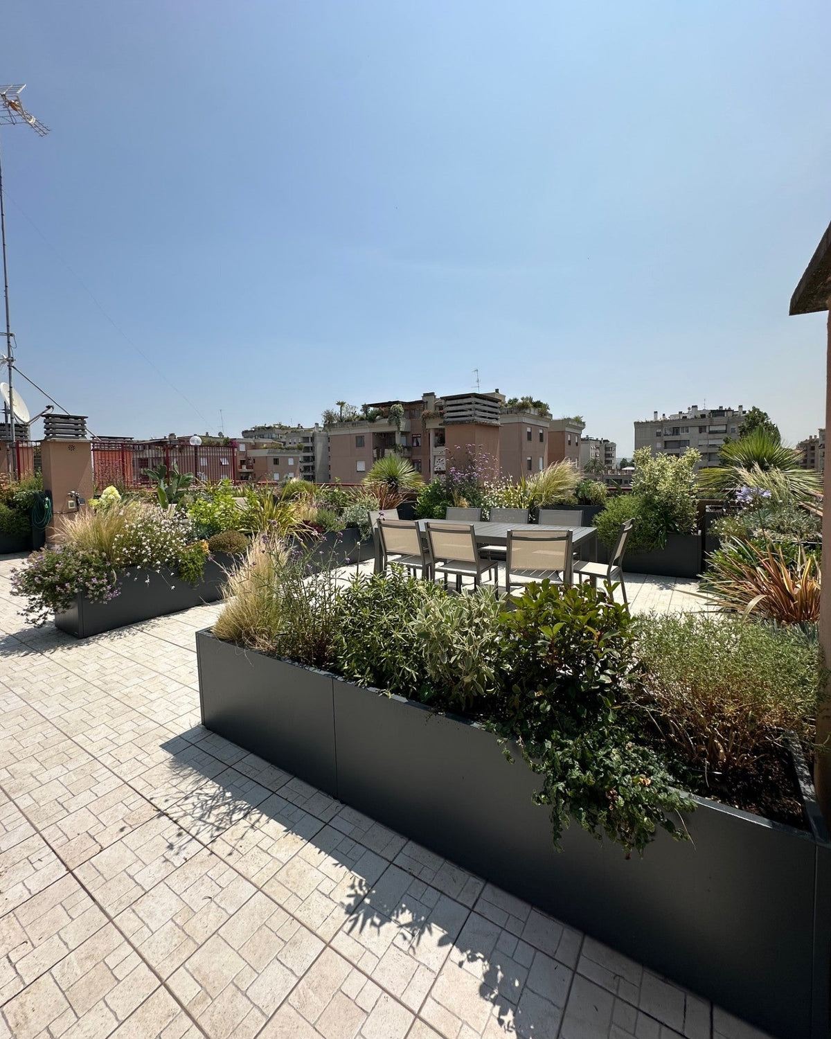 Panoramica terrazza Torrino con skyline Roma, graminacee e vasi lineari AbitoVerde