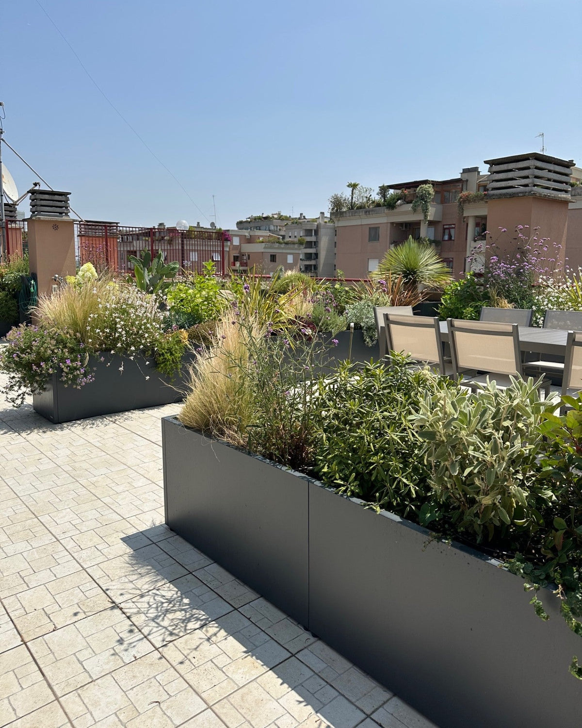Panoramica terrazza Torrino con skyline Roma, graminacee e vasi lineari AbitoVerde